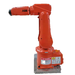 An orange ABB industrial robot with a black arm, model IRB 120, designed for material handling and assembly applications.