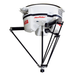 An ABB brand industrial robotic arm with a predominantly white and black color scheme, featuring the ABB logo on the shoulder and a black metallic structure.