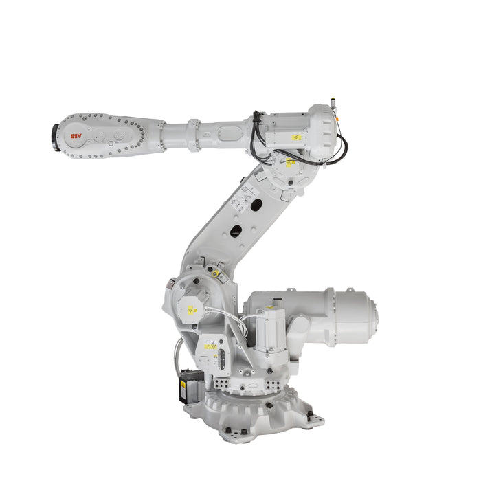 An ABB industrial robot, model IRB 6700, with a white and metallic structure, designed for lifting and handling loads in a work area.